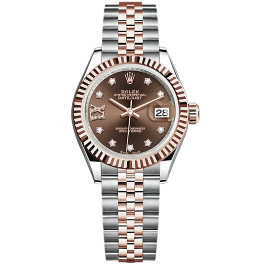 Lady-DateJust 28mm Oystersteel Jubilee Bracelet and Everose Gold with Chocolate Dial Diamond-Set Dial Fluted Bezel
