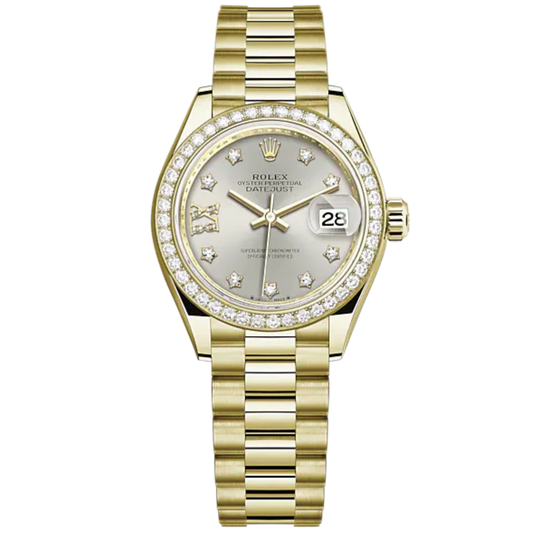 Lady-DateJust 28mm President Bracelet and 18 KT Yellow Gold with Silver Dial Diamond-Set Dial Diamond-Set Bezel