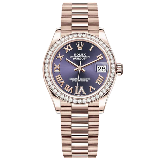 Datejust 31 31mm President Bracelet and 18 CT Everose Gold with Aubergine Diamond Dial Diamond-Set Bezel
