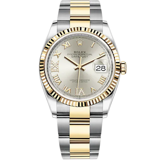 Datejust 36 36mm Oyster Bracelet Oystersteel and Yellow Gold with Silver Diamond-Set Dial Fluted Bezel