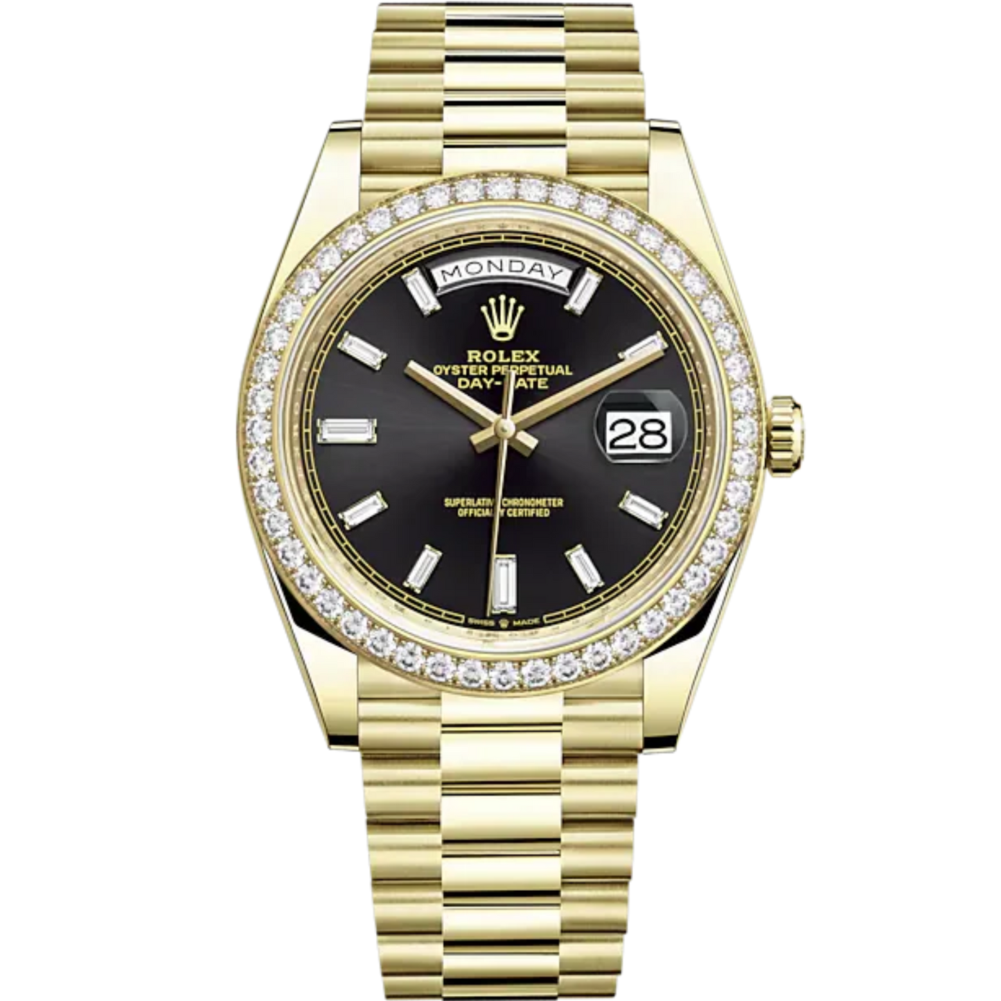 Day-Date 40 40mm President Bracelet and 18 KT Yellow Gold with Bright Black Dial Diamond-Set Dial and Diamond-Set Bezel