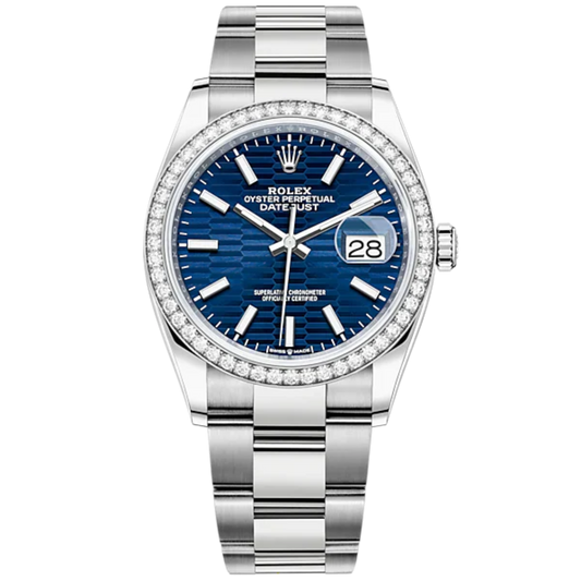 Datejust 36 36mm Oyster Bracelet Oystersteel and White Gold with Bright Blue Fluted-Motif Dial Diamond-Set Bezel