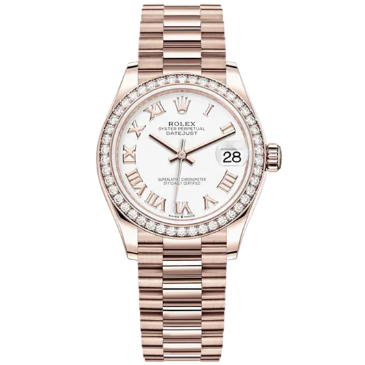 Datejust 31 31mm President Bracelet and 18 CT Everose Gold with White Dial Diamond-Set Bezel