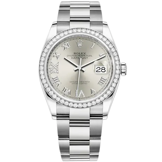 Datejust 36 36mm Oyster Bracelet Oystersteel and White Gold with Silver Diamond-Set Dial Diamond-Set Bezel
