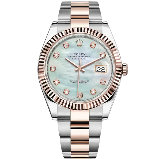 Datejust 41 41mm Oyster Bracelet Oystersteel and Everose Gold with White Mother-Of-Pearl Diamond-Set Dial Fluted Bezel