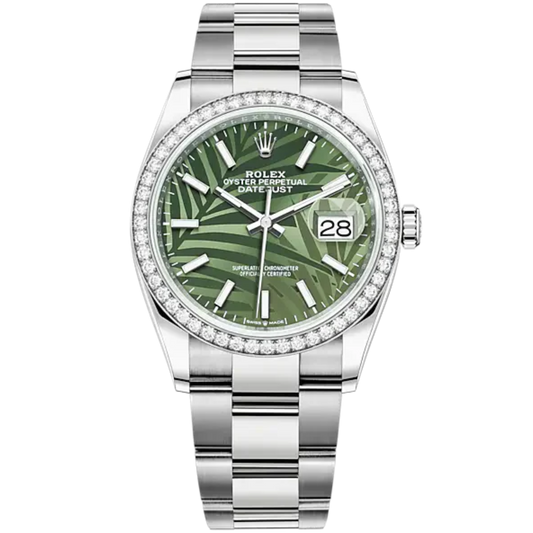 Datejust 36 36mm Oyster Bracelet Oystersteel and White Gold with Olive-Green Palm-Motif Diamond-Set Bezel