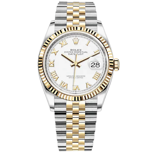 Datejust 36 36mm Oystersteel Jubilee Bracelet and Yellow Gold with White Dial Fluted Bezel