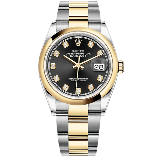 Datejust 36 36mm Oyster Bracelet Oystersteel and Yellow Gold with Bright Black Diamond-Set Dial Domed Bezel