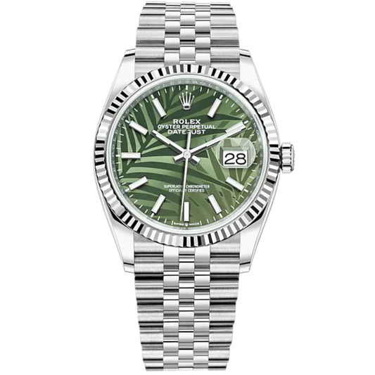 Rolex Datejust Ref. 126234 36mm Jubilee Bracelet and White Gold with Olive-Green Palm-Motif Stick Dial Fluted Bezel