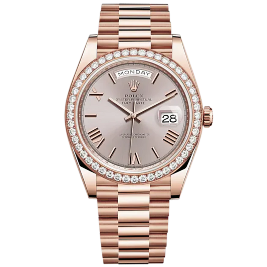 Day-Date 40 40mm President Bracelet and 18 KT Everose Gold with Sundust Dial and Diamond-Set Bezel
