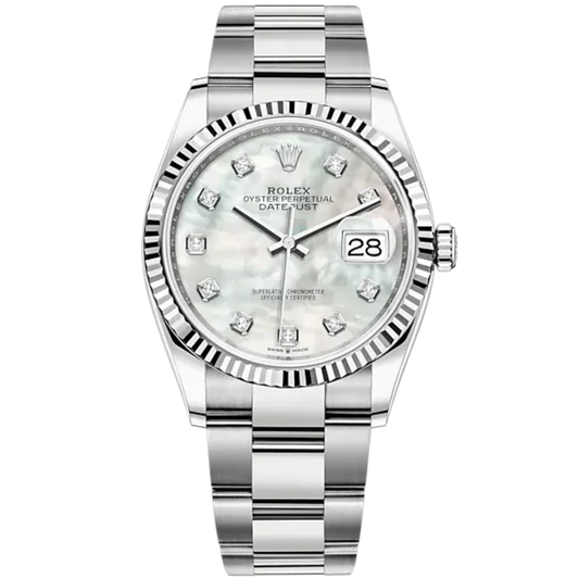 Rolex Datejust 36mm Oyster Bracelet White Gold with White Mother-of-Pearl Diamond-Set Fluted Bezel
