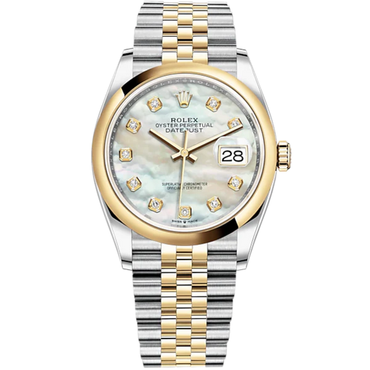 Datejust 36 36mm Oystersteel Jubilee Bracelet and Yellow Gold with White Mother-of-Pearl Diamond-Set Dial Domed Bezel
