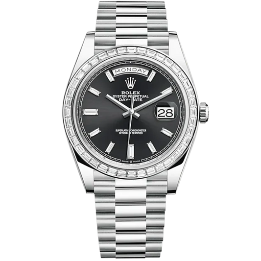 Day-Date 40 40mm Oyster President Bracelet and Platinum with Bright Black Dial Diamond-Set Dial and Diamond-Set Bezel