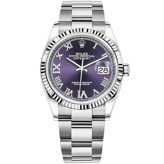 Rolex Datejust Ref. 126234 36mm Oyster Bracelet and White Gold with Aubergine Roman Dial Fluted Bezel
