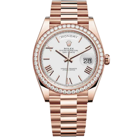 Day-Date 40 40mm President Bracelet and 18 KT Everose Gold with White Dial and Diamond-Set Bezel
