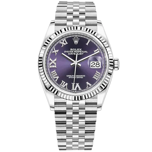 Rolex Datejust Ref. 126234 36mm Jubilee Bracelet and White Gold with Aubergine Roman Dial Fluted Bezel
