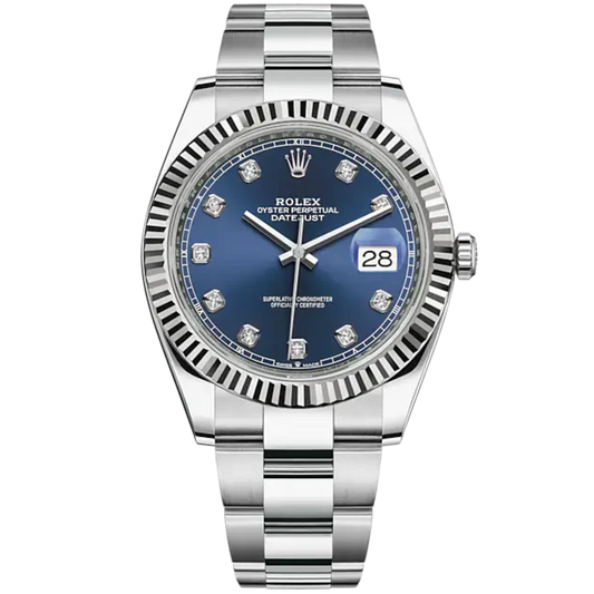 Datejust 41 41mm Oyster Bracelet and White Gold with Bright Blue Diamond-Set Dial Fluted Bezel