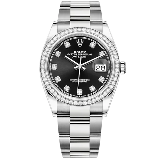 Datejust 36 36mm Oyster Bracelet Oystersteel and White Gold with Bright Black Diamond-Set Dial Diamond-Set Bezel
