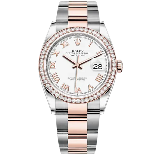 Datejust 36 36mm Oyster Bracelet Oystersteel and Everose Gold with White Roman Dial Diamond-Set Bezel