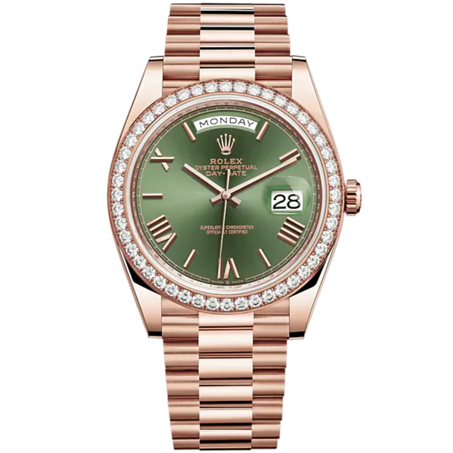 Day-Date 40 40mm President Bracelet and 18 KT Everose Gold with Olive Green Dial and Diamond-Set Bezel