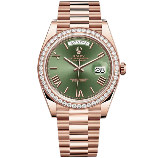 Day-Date 40 40mm President Bracelet and 18 KT Everose Gold with Olive Green Dial and Diamond-Set Bezel