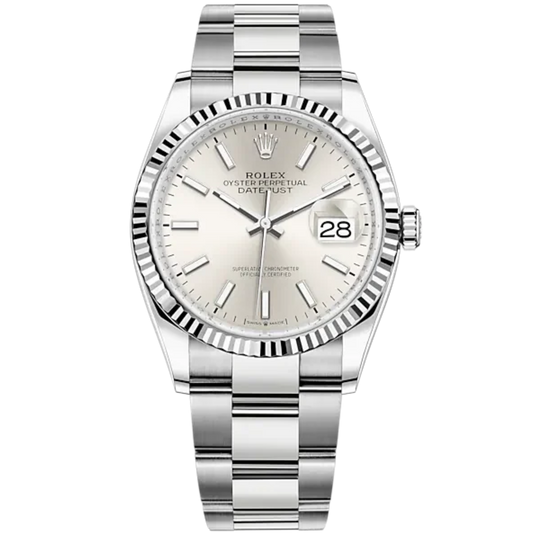Rolex Datejust Ref. 126234 36mm Oyster Bracelet and White Gold with Silver Stick Dial Fluted Bezel
