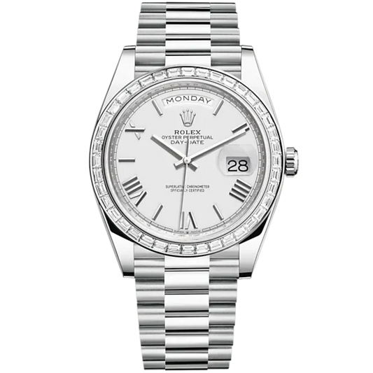 Day-Date 40 40mm President Bracelet and 18 KT White Gold with White Dial and Diamond-Set Bezel