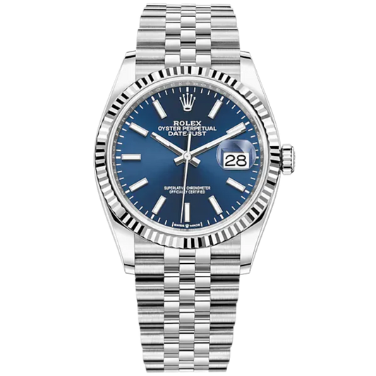 Datejust 36 36mm Oystersteel Jubilee Bracelet and White Gold with Bright Blue Dial Fluted Bezel