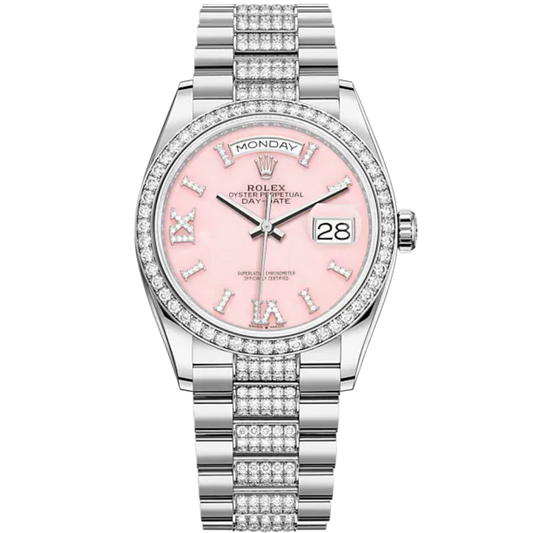 Day-Date 36 36mm President Bracelet and 18 KT White Gold with Pink Opal Dial Diamond-Set Dial Diamond-Set Bezel