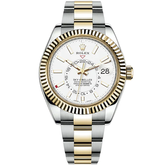 Sky-Dweller 42mm Oyster Bracelet Oystersteel and Yellow Gold with Intense White Dial Fluted Bezel