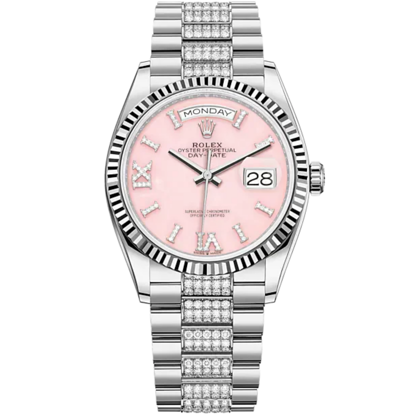 Day-Date 36 36mm President Bracelet and 18 KT White Gold with Pink Opal Dial Diamond-Set Dial Fluted Bezel