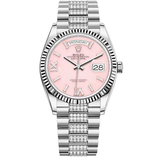 Day-Date 36 36mm President Bracelet and 18 KT White Gold with Pink Opal Dial Diamond-Set Dial Fluted Bezel