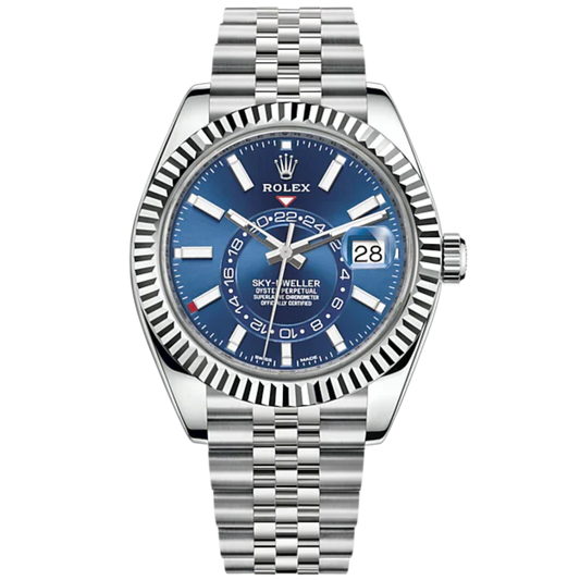 Sky-Dweller 42mm Jubilee Bracelet Oystersteel and White Gold with Bright Blue Dial Fluted Bezel
