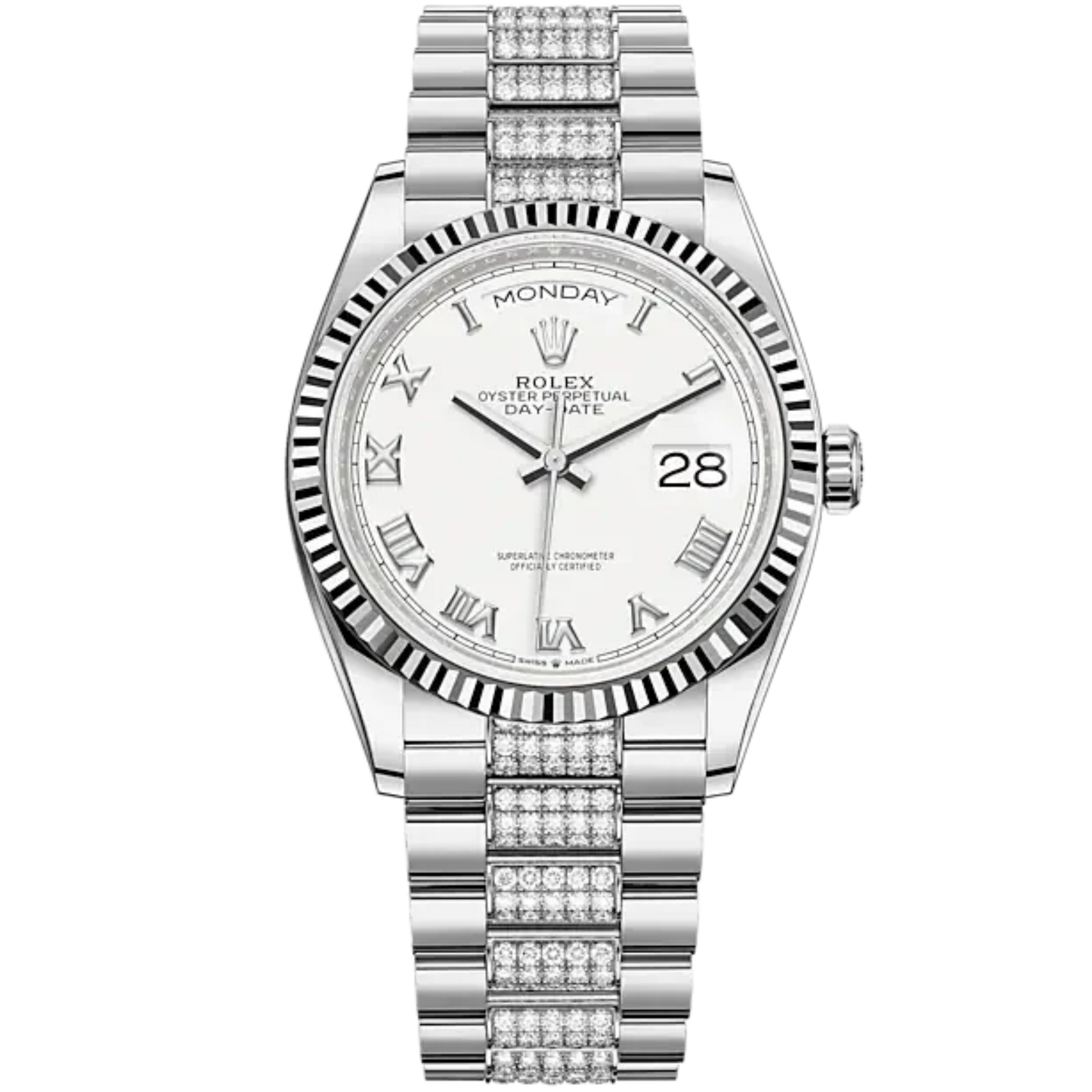 Day-Date 36 36mm President Bracelet and 18 KT White Gold with White Dial Fluted Bezel and Diamond-Set President Bracelet