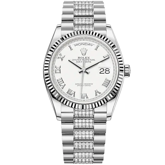 Day-Date 36 36mm President Bracelet and 18 KT White Gold with White Dial Fluted Bezel and Diamond-Set President Bracelet