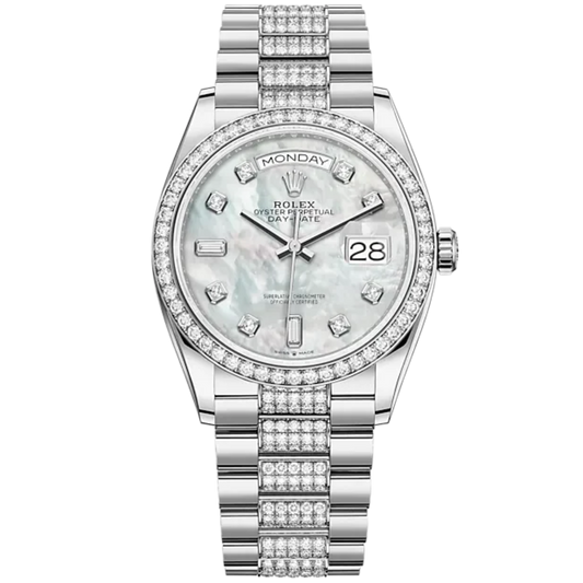 Day-Date 36 36mm President Bracelet and 18 KT White Gold with White Mother-of-Pearl Dial Diamond-Set Dial Diamond-Set Bezel
