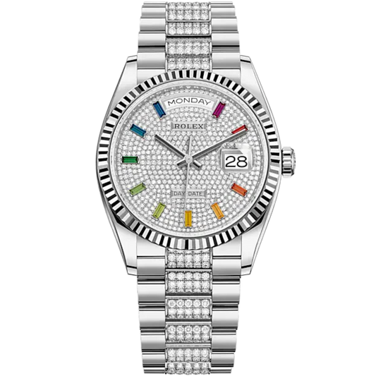 Day-Date 36 36mm President Bracelet and 18 KT White Gold with Diamond-Paved Dial Fluted Bezel