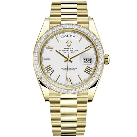 Day-Date 40 40mm President Bracelet and 18 KT Yellow Gold with White Roman Dial and Diamond-Set Bezel