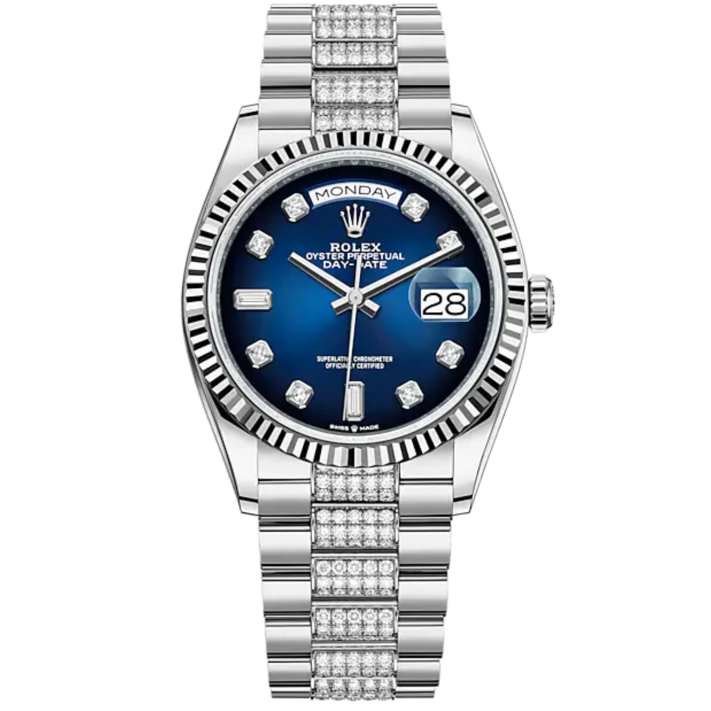 Day-Date 36 36mm President Bracelet and 18 KT White Gold with Blue Ombré Dial Diamond-Set Dial Fluted Bezel
