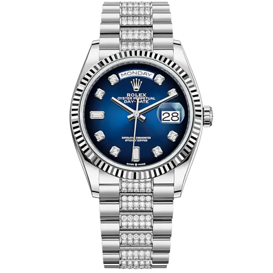 Day-Date 36 36mm President Bracelet and 18 KT White Gold with Blue Ombré Dial Diamond-Set Dial Fluted Bezel
