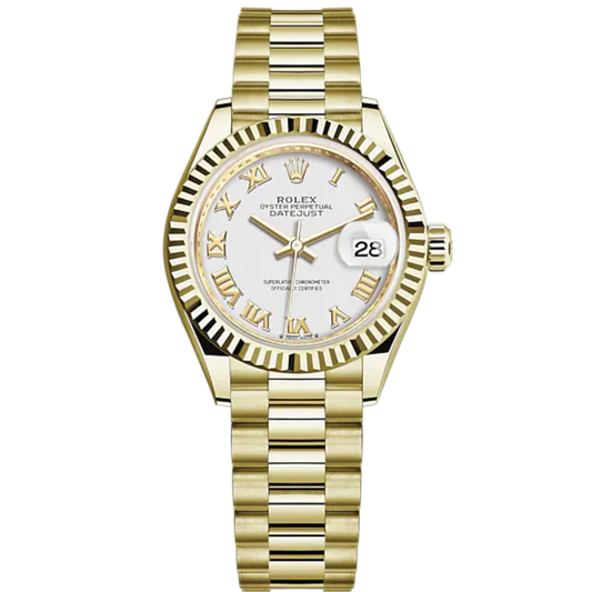 Lady-DateJust 28mm President Bracelet and 18 KT Yellow Gold with White Dial Fluted Bezel