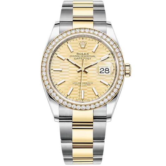 Datejust 36 36mm Oyster Bracelet Oystersteel and Yellow Gold with Golden Dial Fluted-Motif Dial Diamond-Set Bezel