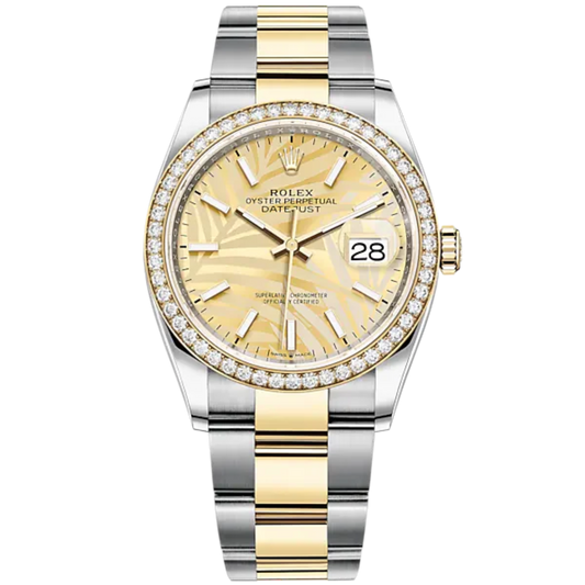 Datejust 36 36mm Oyster Bracelet Oystersteel and Yellow Gold with Golden Palm-Motif Dial Diamond-Set Bezel