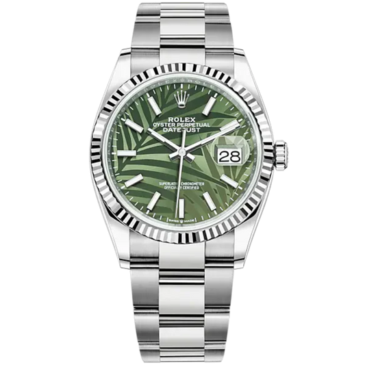 Rolex Datejust Ref. 126234 36mm Oyster Bracelet and White Gold with Olive-Green Palm-Motif Stick Dial Fluted Bezel