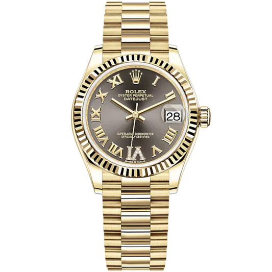 Datejust 31 31mm President Bracelet and 18 CT Yellow Gold with Dark Grey Diamond Dial Fluted Bezel
