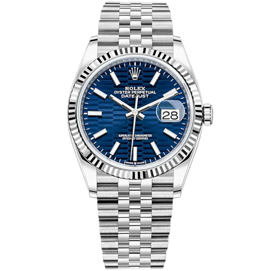 Rolex Datejust 36mm Oystersteel and White Gold on Jubilee Blue Fluted-Motif Stick Dial Fluted Bezel