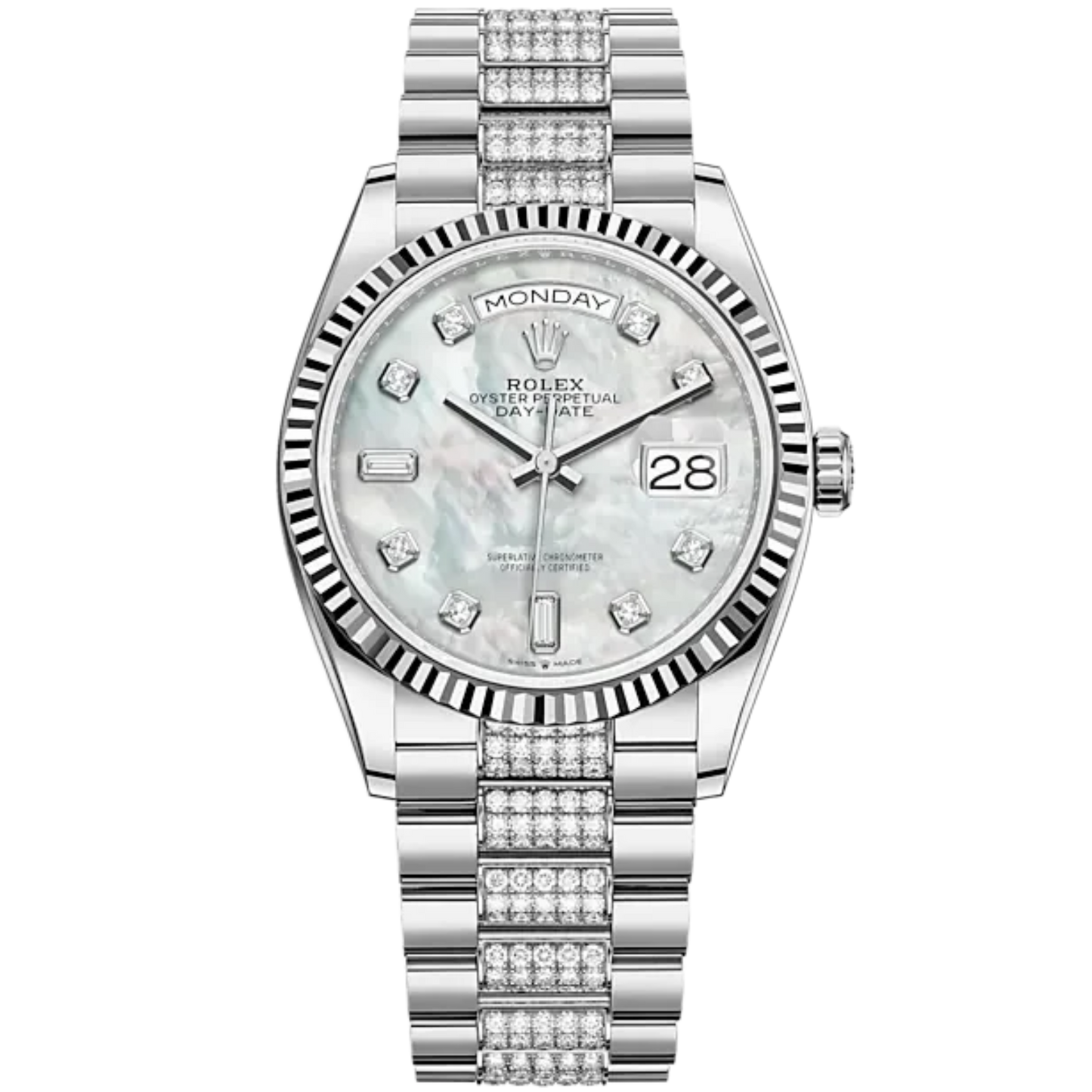 Day-Date 36 36mm President Bracelet and 18 KT White Gold with White Mother-of-Pearl Dial Diamond-Set Dial Fluted Bezel