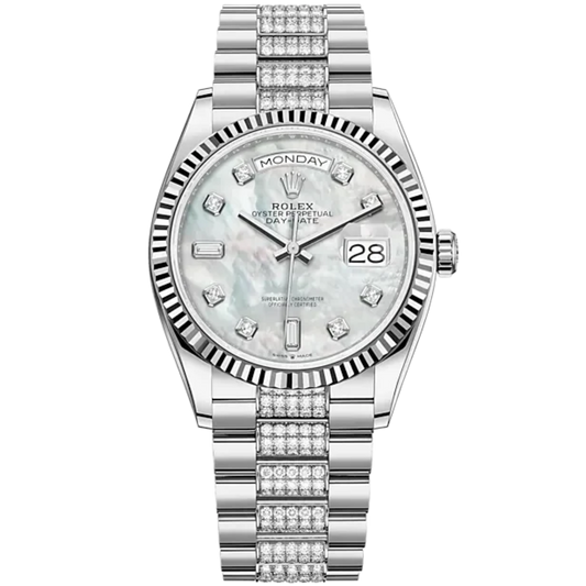 Day-Date 36 36mm President Bracelet and 18 KT White Gold with White Mother-of-Pearl Dial Diamond-Set Dial Fluted Bezel