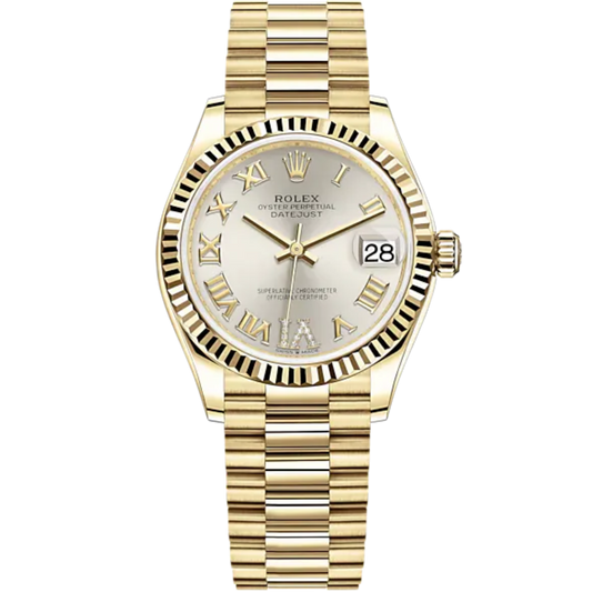 Datejust 31 31mm President Bracelet and 18 CT Yellow Gold with Silver Diamond-Set Dial Fluted Bezel