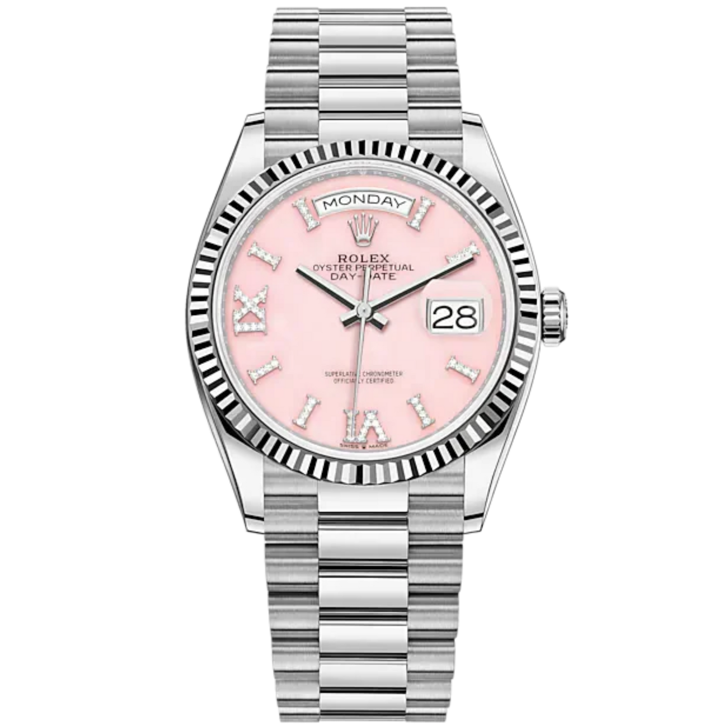 Day-Date 36 36mm President Bracelet and 18 KT White Gold with Pink Opal Diamond-Set Dial and Fluted Bezel